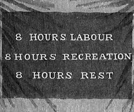 Engraving of a Trade Union banner supporting the 8-hour day.