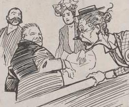 Cartoon representation of Vida Goldstein in parliament with a chaperone.