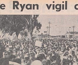 Photograph of crowd of protesters standing outside Pentridge Prison while Ronald Ryan was being hanged.
