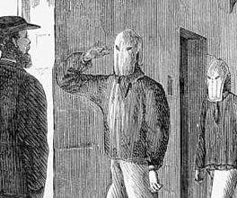 Engraving of prisoners in Pentridge Prison wearing hoods as punishment.
