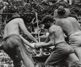 Photograph showing troops moving an artillery piece on the Kokoda Track.