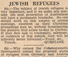 Letter to the editor about Jewish refugees in the lead-up to World War II.