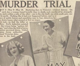 Newspaper article describing the murder by strangulation of three Melbourne women by the so-called 'Brown-out Strangler'.