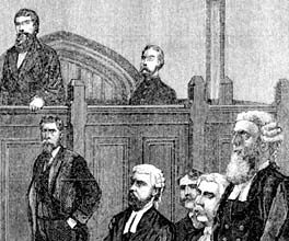Engraving of Judge Redmond Barry presiding over the courtroom in Ned Kelly's trial.