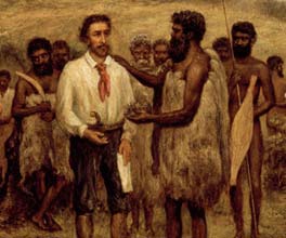 A depiction of Batman's meeting with the Wurundjeri Aborigines at Merri Creek.