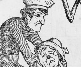 Caricature of a policeman picking a drunk man up from the ground.