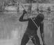 Photograph of an Aboriginal man spearing fish in a river.