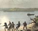 Lithograph of men hauling nets ashore in Western Port.