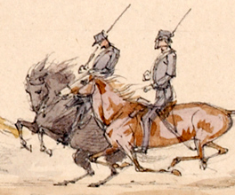 Drawing of a gold convoy and escort heading form the goldfields to Melbourne.