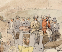 Drawing of overloaded coaches bound for the goldfields.